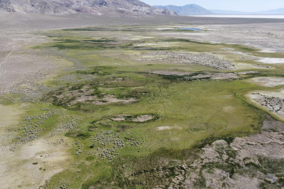 In this image from a drone provided by the Center for Biological Diversity is the wetlands at Dixie Meadows, home to the Dixie Valley toad near the Ormat construction site for the Dixie Meadows Geothermal Project, in Churchill County, Nev., on June 28, 2022. A pair of lithium mines and a geothermal power plant in the works in Nevada are among the most ambitious projects at the forefront of the Biden administration's "green" energy agenda. The three ventures at various stages of development in the biggest U.S. gold producing state also are shining a spotlight on the hurdles ahead. (Patrick Donnelly/Center for Biological Diversity via AP)