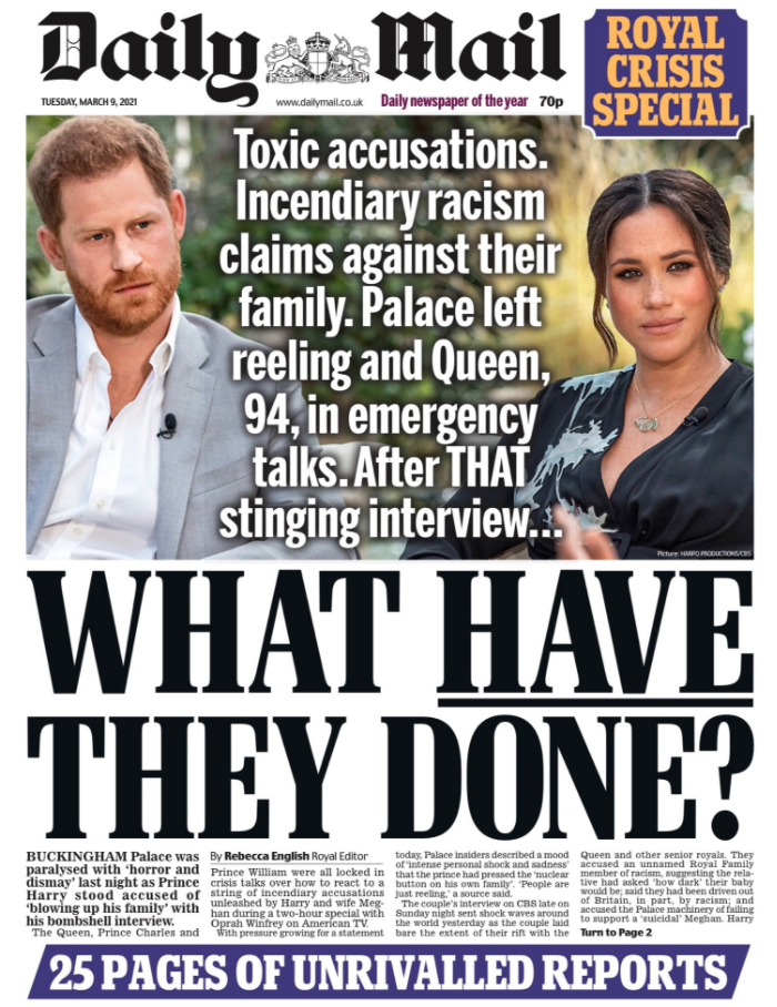 The Daily Mail said Buckingham Palace was left 'reeling' by the interview.