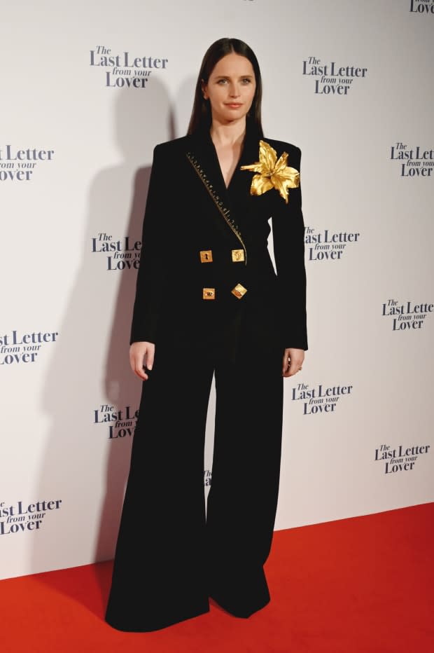 Felicity Jones in Schiaparelli at "The Last Letter From Your Lover" UK premiere on July 27, 2021. <p>Photo: Dave J Hogan/Getty Images for Studio Canal</p>