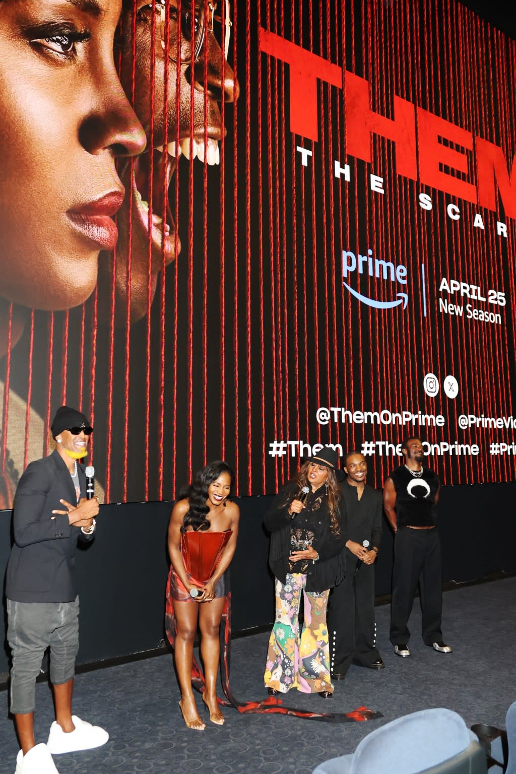 Little Marvin, Deborah Ayorinde, Pam Grier, Joshua J. Williams, and Luke James attend as Prime Video hosts a special screening for “Them: The Scare” at Culver Theater on April 23, 2024, in Culver City, California. (Photo by Arnold Turner/Getty Images for Prime Video)