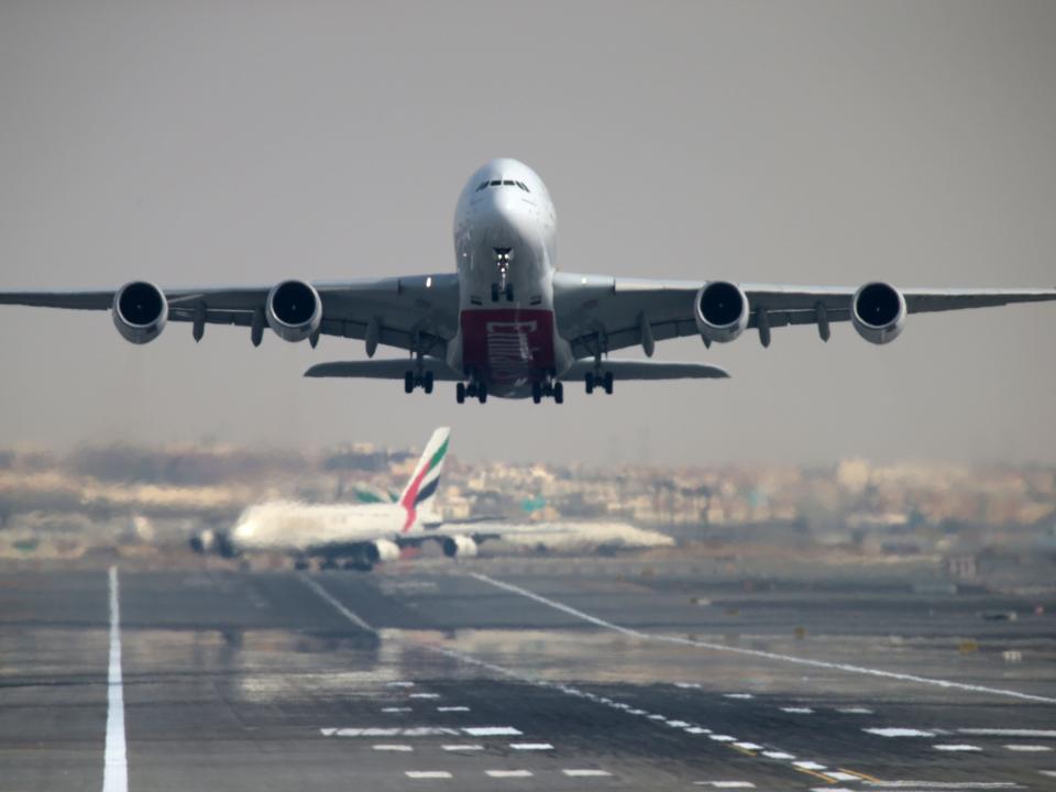 FILE PHOTO: An Emirates Airline Airbus A380-800 plane takes off from Dubai International Airport in Dubai, United Arab Emirates February 15, 2019. REUTERS/Christopher Pike
