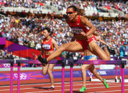 LONDON, ENGLAND - AUGUST 06: Lolo Jones of the United States competes in the Women's 100m Hurdles heat on Day 10 of the London 2012 Olympic Games at the Olympic Stadium on August 6, 2012 in London, England. (Photo by Michael Steele/Getty Images)