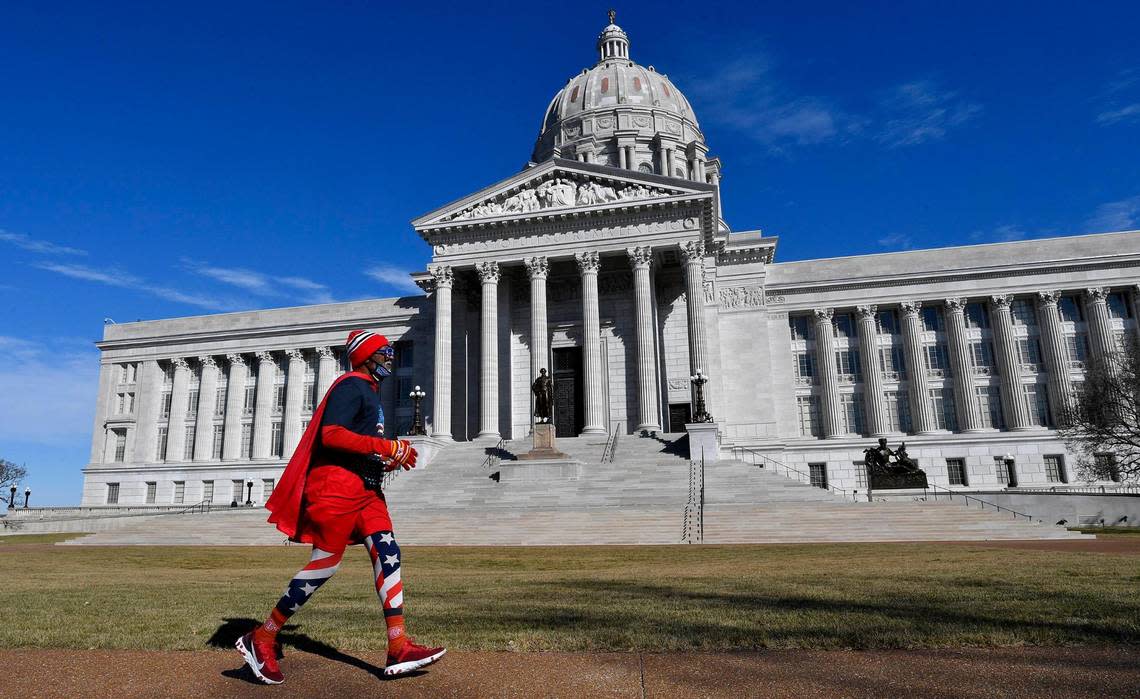 Michael Wheeler, who is a running fixture on the streets around Kansas City, made an appearance at the Missouri State Capitol, in Jefferson City. Wheeler, who is usually decked out in Superman apparel, donned an all-American look in honor of Joe Biden, who was being sworn in as the 48th President of the United States in Washington, D.C.