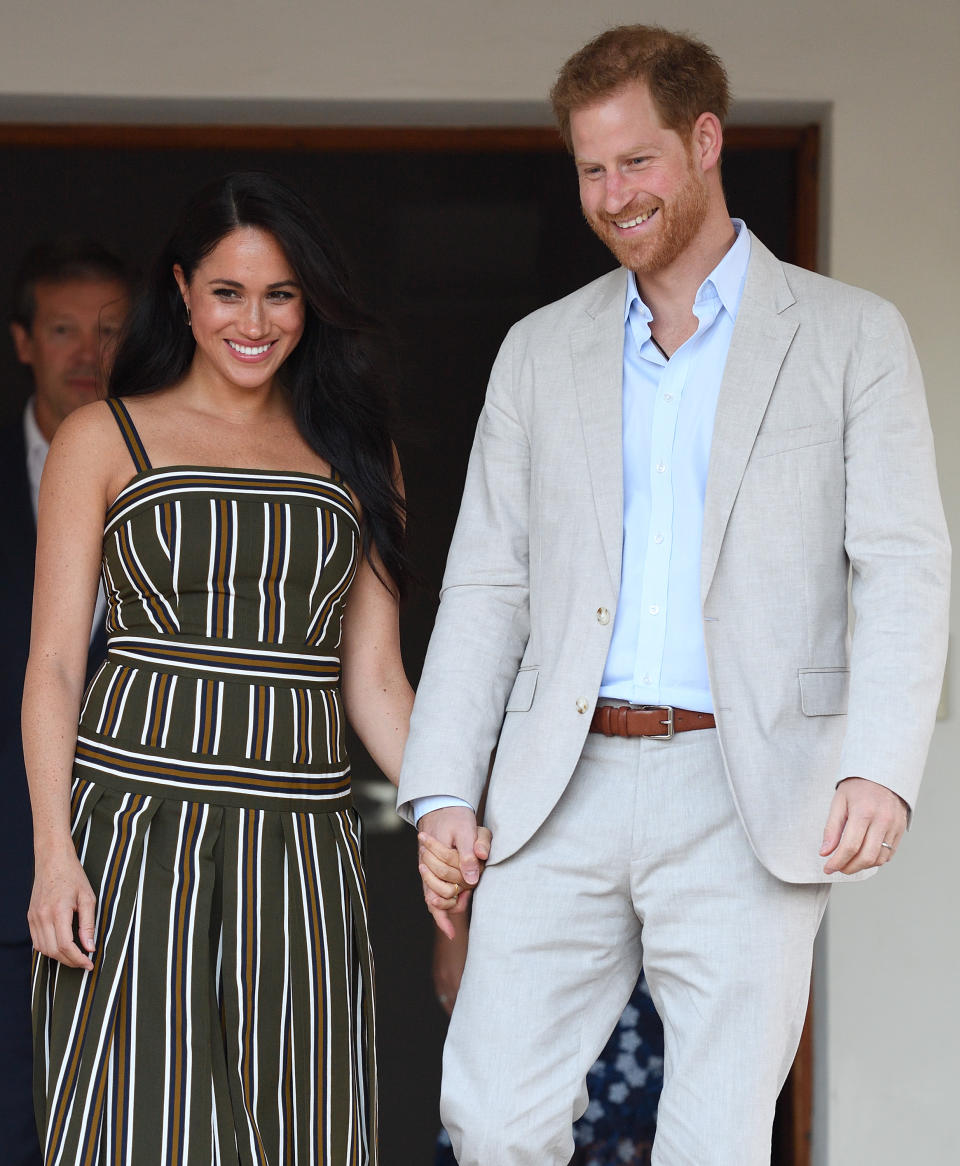 CAPE TOWN, SOUTH AFRICA - SEPTEMBER 24: (UK OUT FOR 28 DAYS) Prince Harry, Duke of Sussex and Meghan, Duchess of Sussex attend a reception for young people, community and civil society leaders at the Residence of the British High Commissioner, during the royal tour of South Africa on September 24, 2019 in Cape Town, South Africa.  (Photo by Pool/Samir Hussein/WireImage)