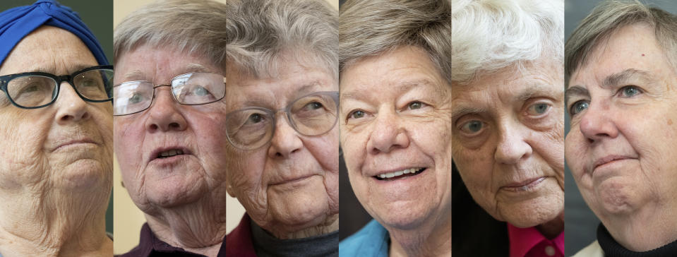 This combination of photos shows, from left, Sisters Claire E. Regan, Dorothy Metz, Margaret Egan, Donna Dodge, Sheila Brosnan, and Margaret M. O'Brien, all members of the leadership council of the Sisters of Charity, at the College of Mount Saint Vincent, a private Catholic college in the Bronx borough of New York, on Tuesday, May 2, 2023. In more than 200 years of service, the Sisters of Charity of New York have cared for orphans, taught children, nursed the Civil War wounded and joined Civil Rights demonstrations. Last week, the Catholic nuns decided that it will no longer accept new members in the United States and will accept the "path of completion." (AP Photo/John Minchillo)