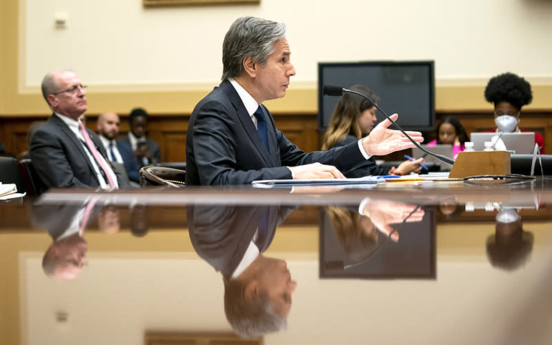 Secretary of State Antony Blinken answers questions during a House Foreign Affairs Committee hearing on April 28 to discuss President Biden’s fiscal 2023 budget request for the department. <em>Greg Nash</em>