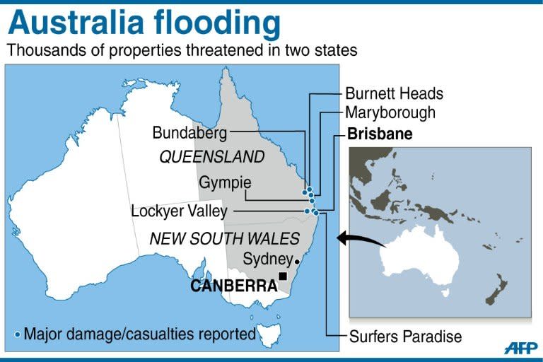 Map showing places in Australia where severe floods have been reported