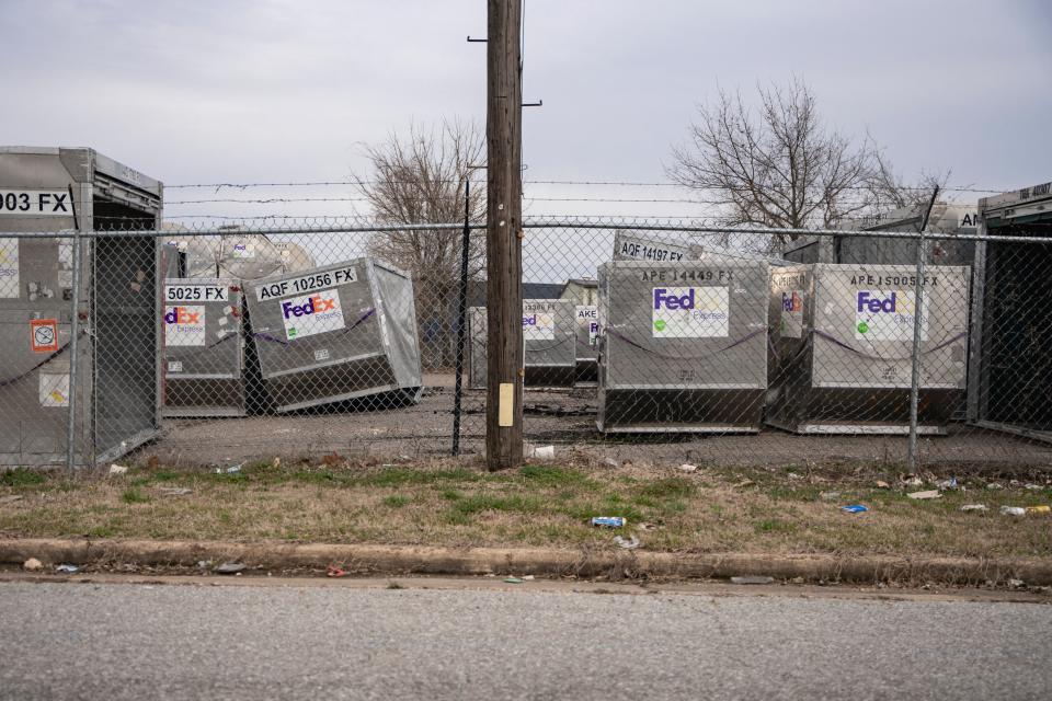 FedEx equipment sits in a lot along Democrat Road near the company’s World Hub.