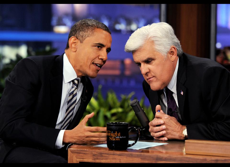U.S. President Barack Obama (L) appears on "The Tonight Show With Jay Leno" at NBC Studios on Oct. 25, 2011 in Burbank, California.  (Kevin Winter, NBCUniversal / Getty Images)
