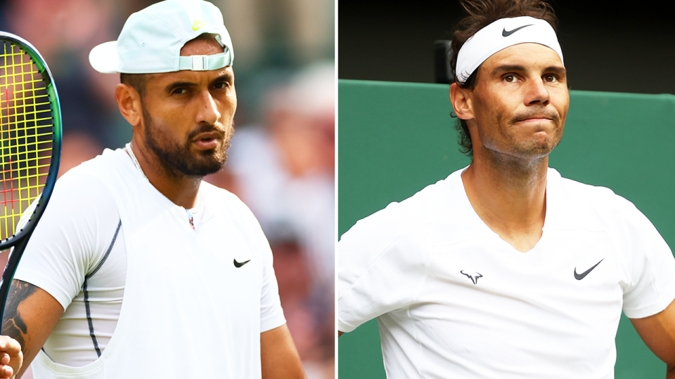 Nick Kyrgios (pictured left) raising his racquet at Wimbledon and (pictured right) Rafa Nadal in pain with an injury.