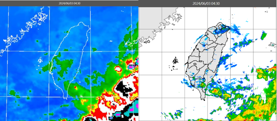 今（3日）晨4：30紅外線雲圖顯示，鋒面已南移，台灣上空殘餘的雲層消散中（左圖），零星的降水回波亦逐漸消散（右圖）。