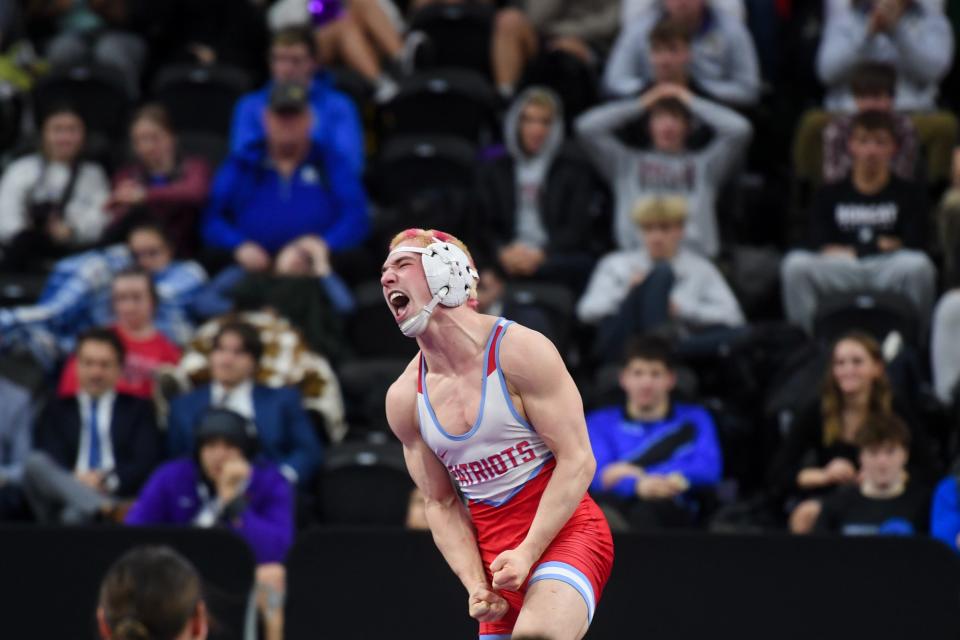 Sioux Falls Lincoln senior Bentley Williams celebrates his first state title win on Saturday, Feb. 24, 2024 at the Denny Sanford Premier Center in Sioux Falls.