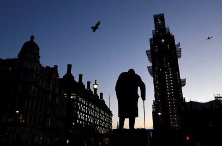The sun comes up, silhouetting the statue of Churchill and Big Ben, in Westminster London, Britain, December 11, 2018. REUTERS/Toby Melville