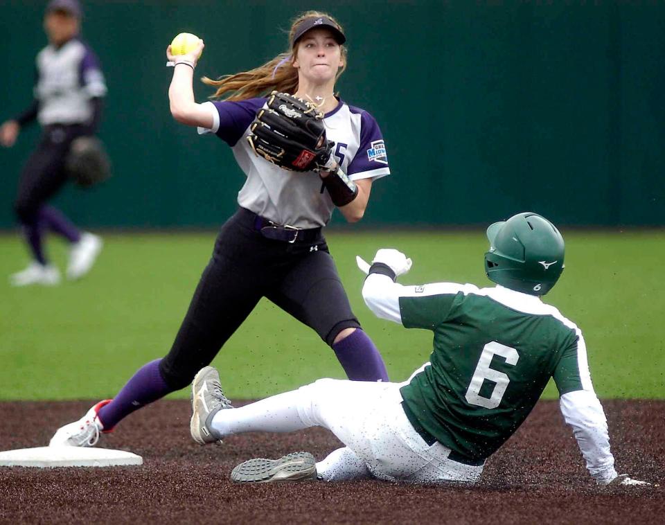 Ashland University's Danielle Robbins (1) forces Tiffin's Aubrie Harper at second during softball action between Tiffin University and Ashland University Saturday April 29,2023 at the Ashland University softball complex.  Steve Stokes/for Ashland Times-Gazette