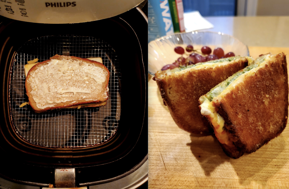 The Broccoli Pesto and Cheddar Grilled Cheese from chef Carla Hall's book 'Cooking With Love: Comfort Food That Hugs You,' shown as placed on an air fryer and, at right, cooked and ready to eat.
