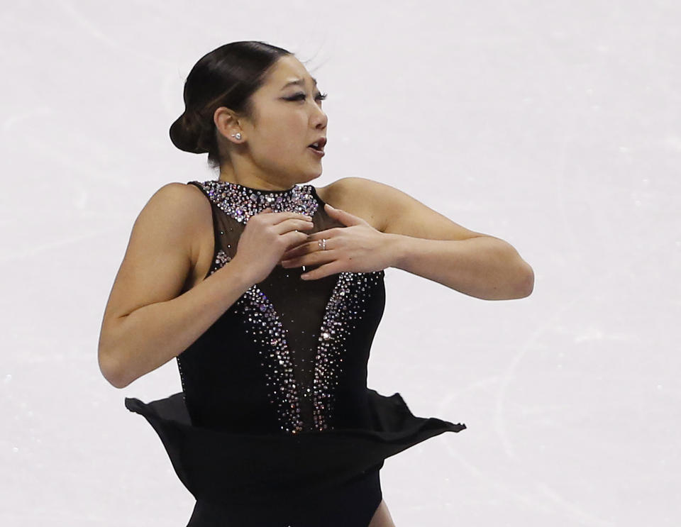 Mirai Nagasu competes during the women's free skate at the U.S. Figure Skating Championships in Boston, Saturday, Jan. 11, 2014. (AP Photo/Elise Amendola)