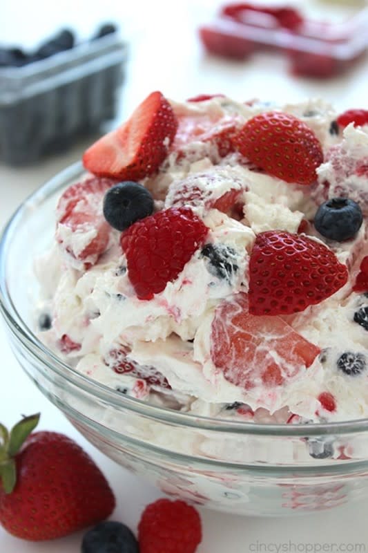 <p>CincyShopper</p><p>This sweet salad is loaded with strawberries, blueberries, raspberries and great cheesecake flavors. </p><p><strong>Get the recipe: <a href="http://cincyshopper.com/berry-cheesecake-salad/" rel="nofollow noopener" target="_blank" data-ylk="slk:Berry Cheesecake Salad;elm:context_link;itc:0;sec:content-canvas" class="link ">Berry Cheesecake Salad</a></strong></p>
