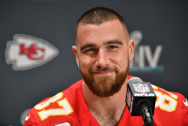 Mark Brown/Getty Travis Kelce #87 of the Kansas City Chiefs smiles during a media availability