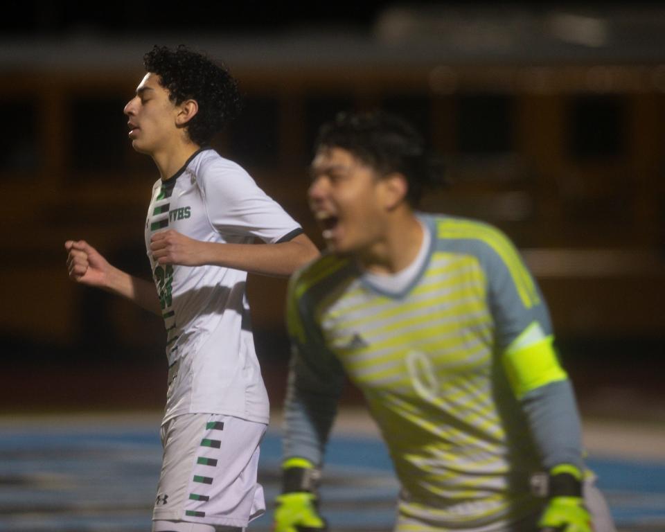San Gorgonio’s goalie Matthew Guzman, right, celebrates after beating Victor Valley in the CIF-Southern Section Division 6 championship game on Monday, Feb. 27, 2023.