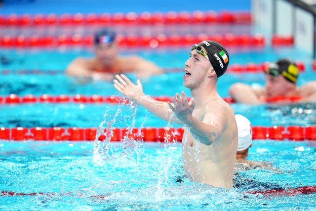 Daniel Wiffen celebrates after winning the Men’s 800m Freestyle final (John Walton/PA)