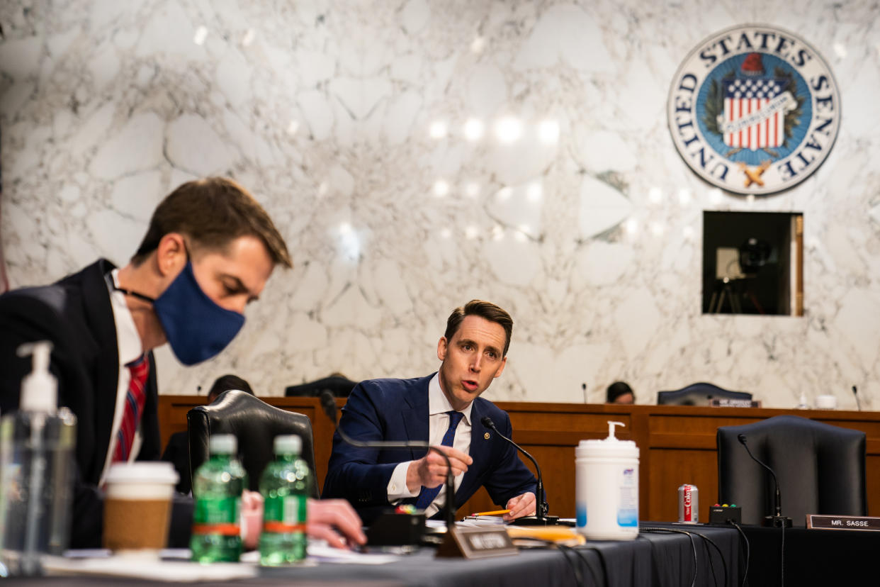 U.S. Sen. Josh Hawley (R-MO) speaks during U.S. Attorney General nominee Merrick Garland's confirmation hearing in the Senate Judiciary Committee on Capitol Hill on February 22, 2021 in Washington, DC. (Demetrius Freeman-Pool/Getty Images)