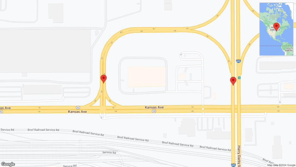 A detailed map showing the affected road due to 'Kansas Avenue Temporarily Closed in Kansas City' on June 27 at 11:24 p.m.