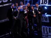 Soccer Football - The Best FIFA Football Awards - London Palladium, London, Britain - October 23, 2017 Actor Idris Elba poses for a selfie with FIFA FIFPro World 11 players Paris Saint-Germain’s Neymar, Real Madrid’s Cristiano Ronaldo, Barcelona’s Lionel Messi, Barcelona’s Andres Iniesta, Real Madrid’s Luka Modric, Real Madrid’s Toni Kroos, Paris Saint-Germain’s Dani Alves, Real Madrid’s Sergio Ramos, AC Milan's Leonardo Bonucci, Real Madrid’s Marcelo and Juventus’ Gianluigi Buffon during the awards REUTERS/Eddie Keogh