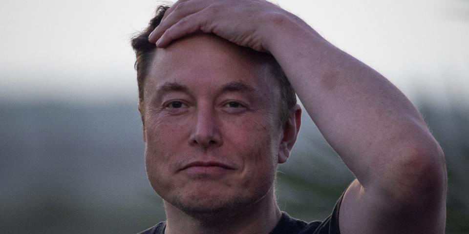 A picture of Elon Musk from the shoulders up. He's wearing a black t-shirt and clasping his left hand to his head with a calm expression on his face.