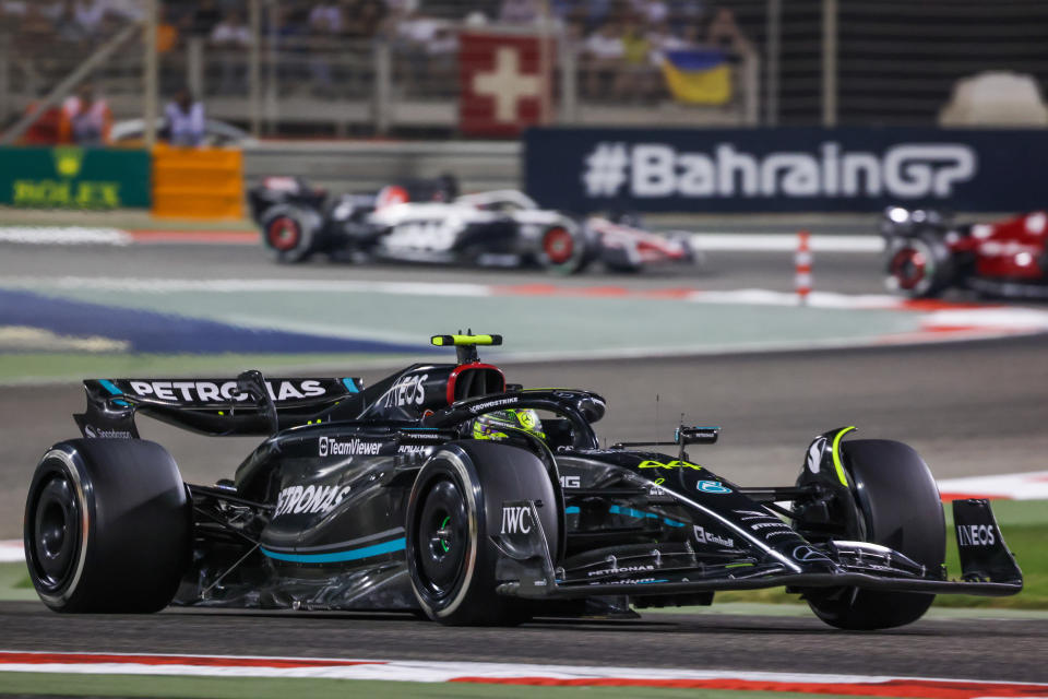 Lewis Hamilton of Mercedes during Bahrain Grand Prix of 2023 Formula One World Championship at Bahrain International Circuit on March 5, 2023 in Sakhir, Bahrain. (Photo by Beata Zawrzel/NurPhoto via Getty Images)