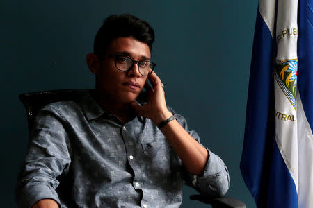 Lesther Aleman, a 20-year old student, poses for a picture at an office in Managua, Nicaragua June 23, 2018. REUTERS/Oswaldo Rivas