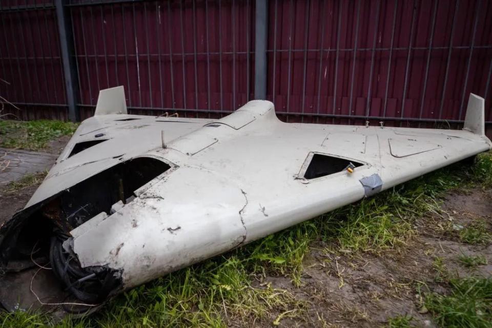 Remains of a Shahed 136/131 drone are displayed at an exhibition featuring missiles and drones used by Russia in attacks on Ukraine, in Kyiv, Ukraine on May 12, 2023. (Oleksii Samsonov /Global Images Ukraine via Getty Images)