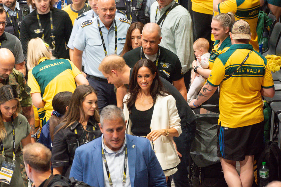 Duchess of Susse Meghan Markle and Duke of Sussex Prince Harry are seen leaving at  the stadium during the wheelchair basketball game between Australia and Ukraine at merkur spiel Arena of Duesseldorf, Germany on September 13, 2023 (Photo by Ying Tang/NurPhoto via Getty Images)