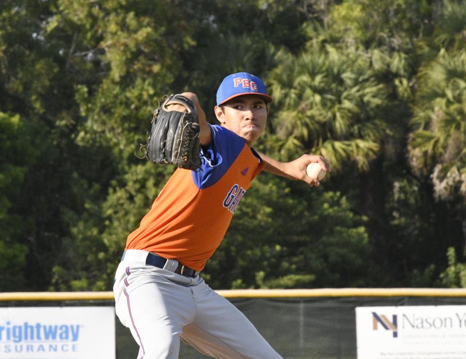 Palm Beach Gardens pitcher Lucas Valencia winds up and fires a pitch against Palm Beach Central during Friday night's 10-8 comeback win on April 8, 2022.