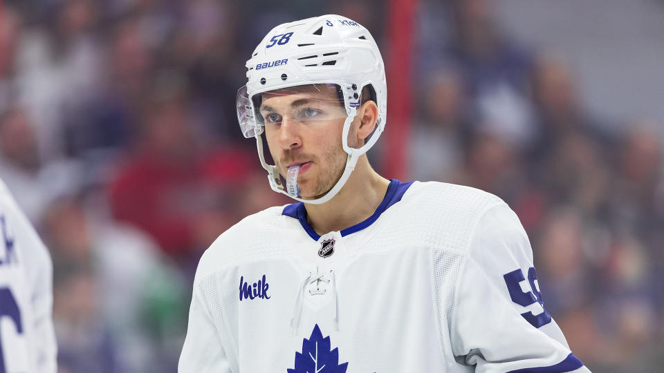 Maple Leafs forward Michael Bunting will watch Game 5 from the sidelines.. (Photo by Richard A. Whittaker/Icon Sportswire via Getty Images)