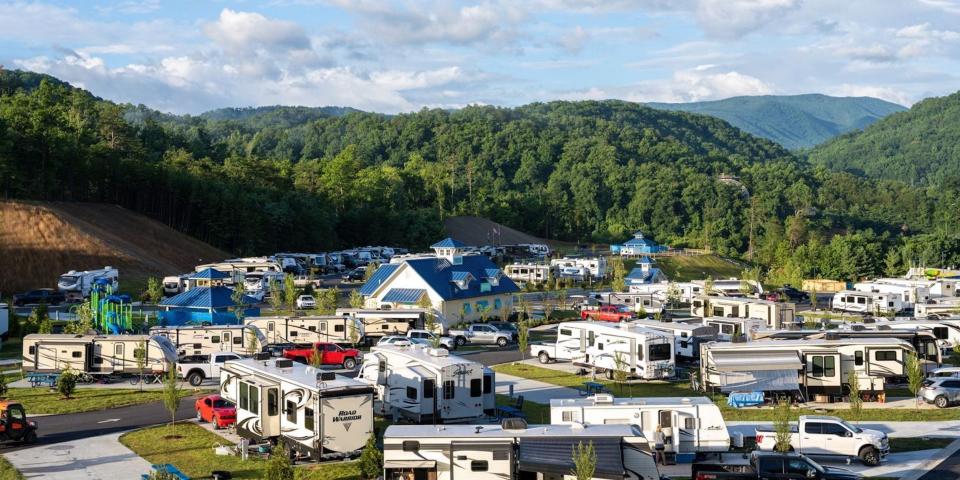 RVs parked at Camp Margaritaville in Pigeon Forge, Tennessee.