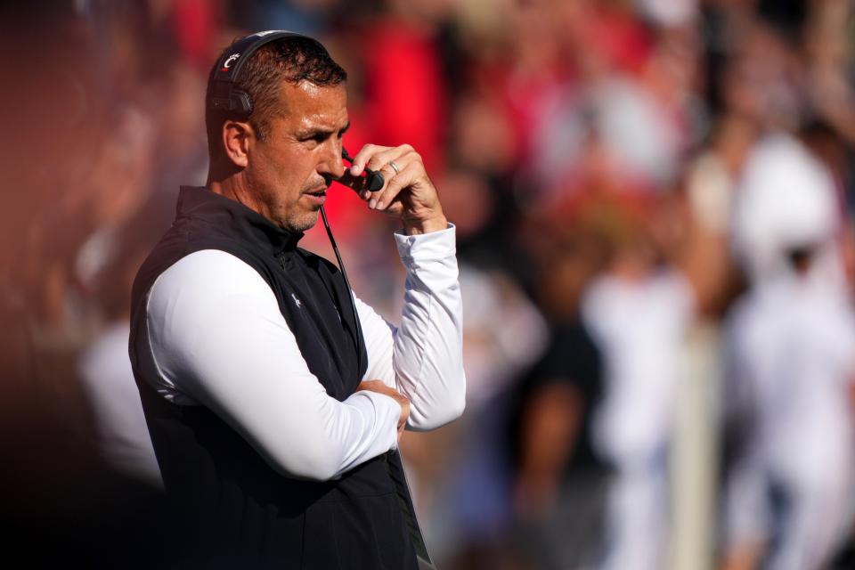 Cincinnati Bearcats head coach Luke Fickell paces the sideline in the second quarter of a college football game against the Indiana Hoosiers, Saturday, Sept. 24, 2022, at Nippert Stadium in Cincinnati. 