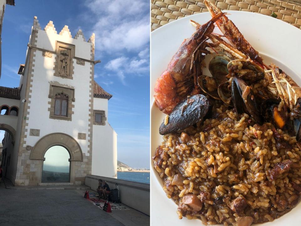 Side by Side of White building overlooking the ocean (L) and plate of seafood paella (R) in Sitges, Spain, Kaila Yu