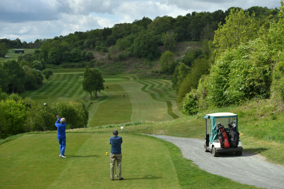 Players at Llanymynech Golf Club, Oswestry, where the course crosses the border of England and Wales. The course faces uncertainty as lockdown restrictions on golf are lifted in England from today, but remain in force in Wales.