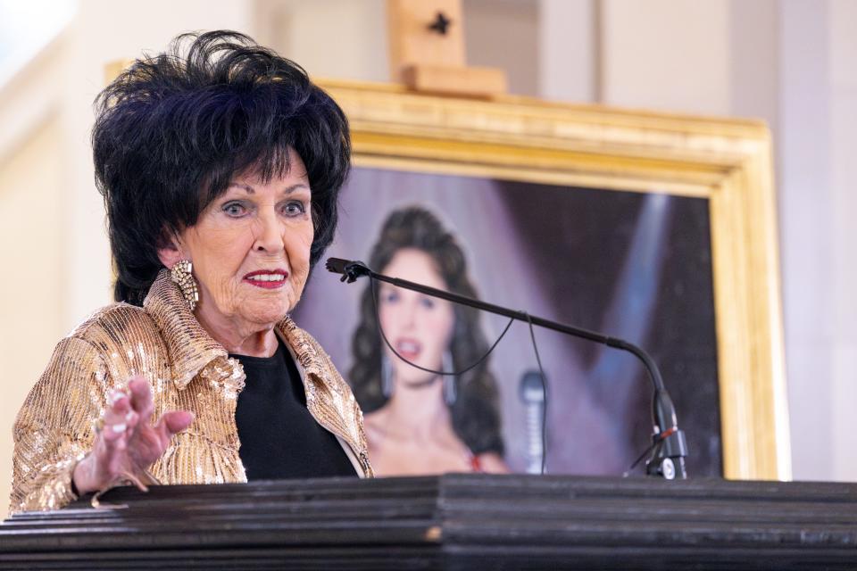 Wanda Jackson speaks Wednesday at the Oklahoma Capitol, where a newly revealed portrait of Jackson will be displayed.
