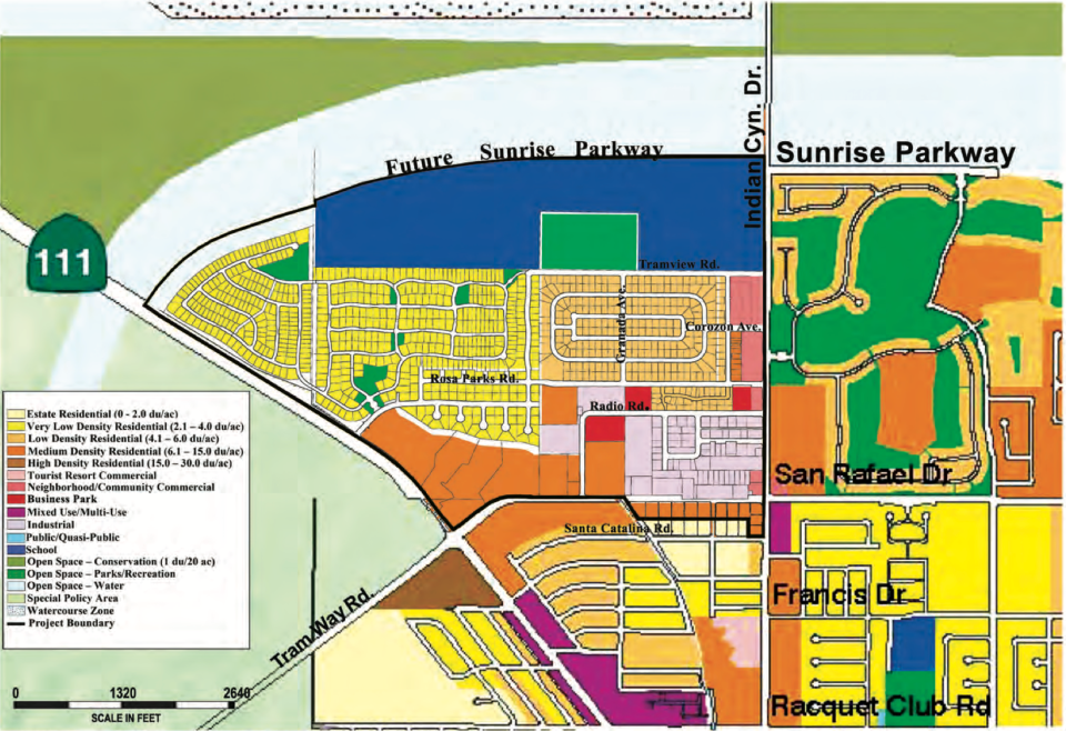 A map of part of north Palm Springs, including land shown in blue where College of the Desert once planned to build a campus. The city now plans to update long-term plans for the area, which also includes the Desert Highland Gateway Estates community.