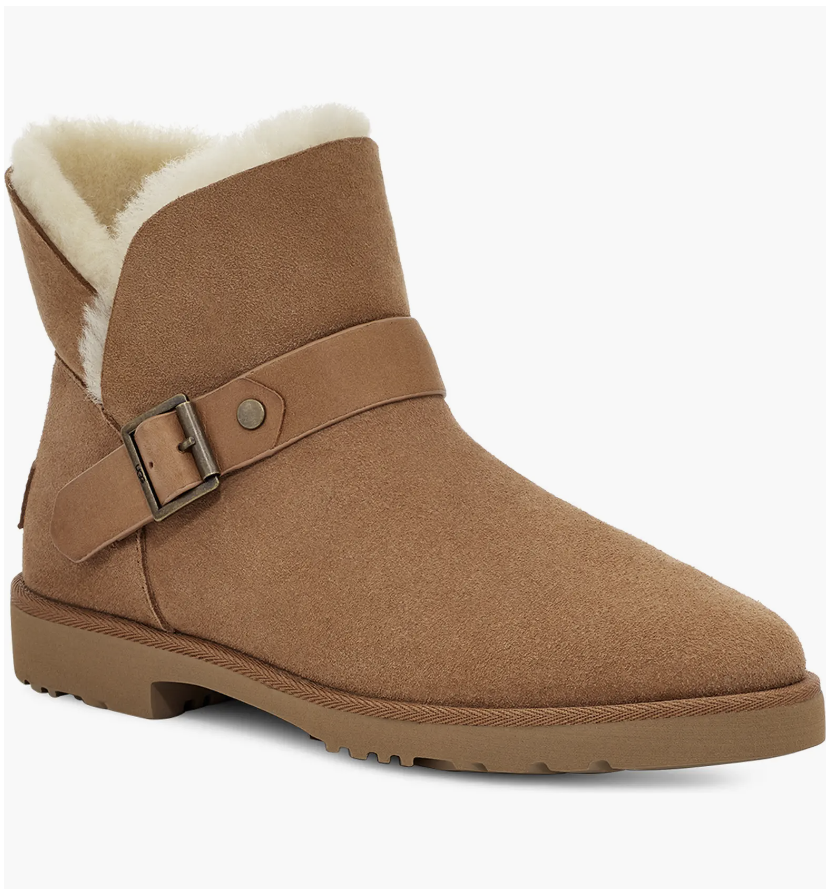 brown ankle winter boots with buckle and fur trim