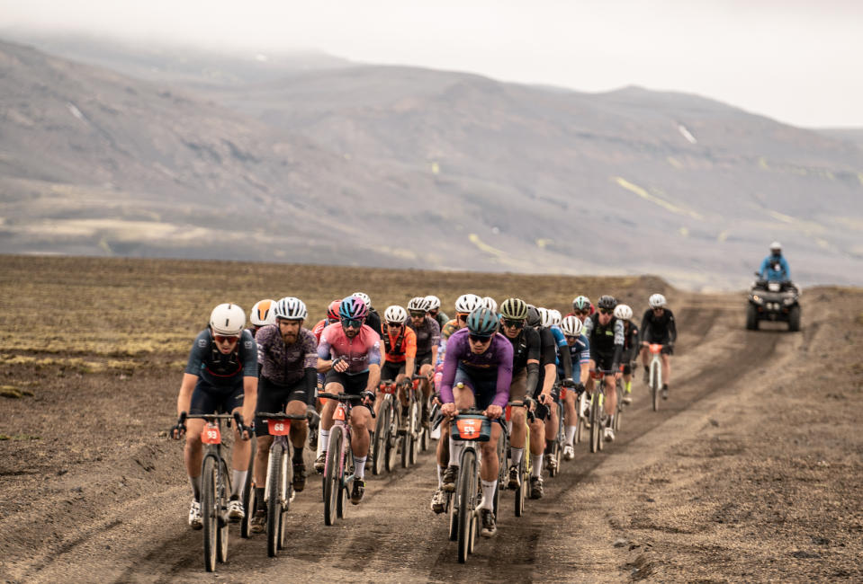 The lead group pass on ruggest Icelandic roads