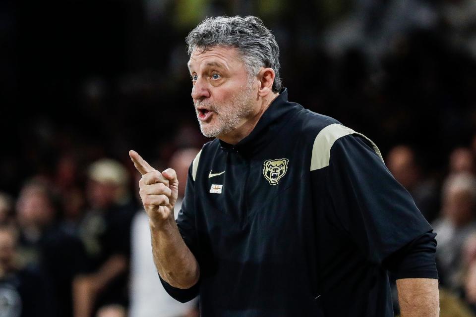 Oakland head coach Greg Kampe reacts to a play against Purdue Fort Wayne during the second half of a Horizon League tournament quarterfinal at O'Rena in Rochester, Michigan, on March 7. Kampe is in his 40th season leading the program.