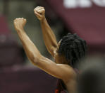 Virginia Tech's Aisha Sheppard (2) celebrates at the conclusion of an NCAA college basketball game against North Carolina State in Blacksburg, Va., Thursday, Jan. 28, 2021. (Matt Gentry/The Roanoke Times via AP, Pool)