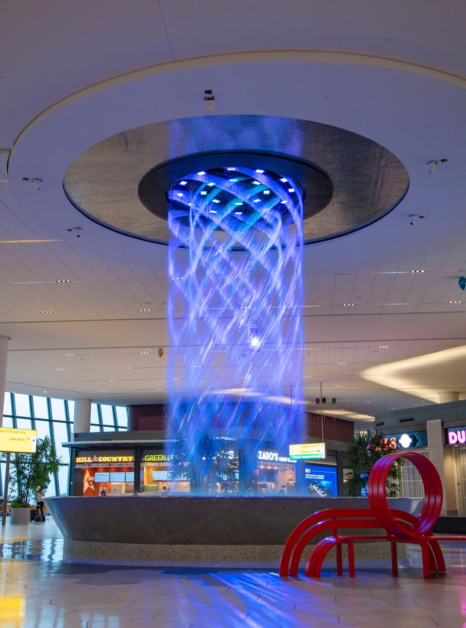 The water feature in LaGuardia Terminal B puts on shows set to lights and music.