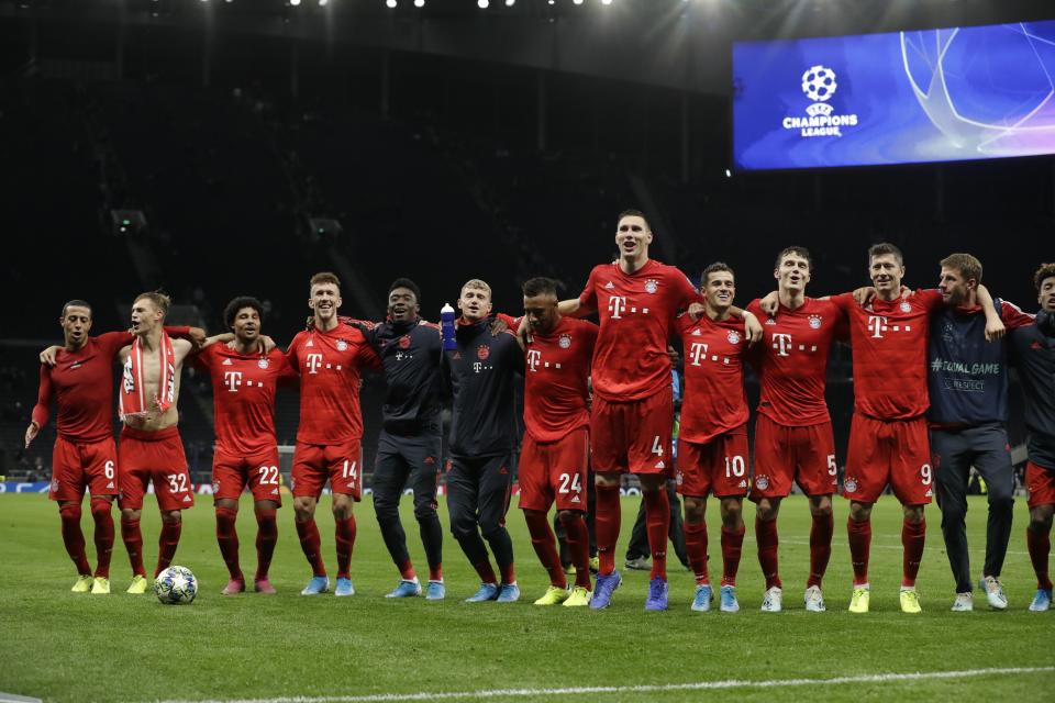 Bayern players celebrate after the Champions League group B soccer match between Tottenham and Bayern Munich at the Tottenham Hotspur stadium in London, Tuesday, Oct. 1, 2019. Bayern won 7-2. (AP Photo/Matt Dunham)