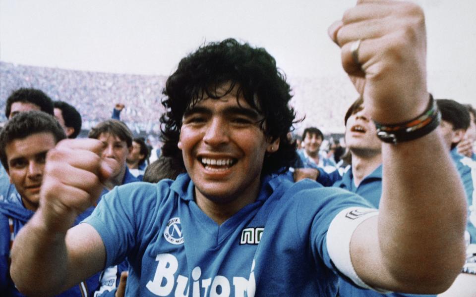 FILM TITLE: DIEGO MARADONA 2019 HANDOUT .... Argentine soccer superstar Diego Armando Maradona cheers after the Napoli team clinches its first Italian major league title in Naples on May 10, 1987. (AP Photo/Meazza Sambucetti) - Meazza Sambucetti /AP