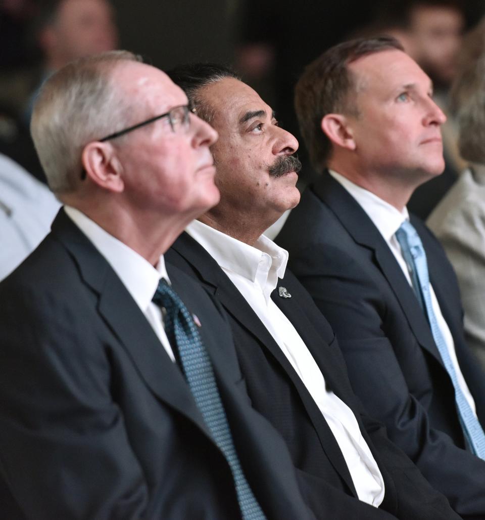 Jaguars Executive Vice President of Football Operations and former head coach Tom Coughlin (from left) and owner Shad Khan sit with Mayor Lenny Curry during the State of the Franchise presentation Wednesday, March 8, 2017 at EverBank Field in Jacksonville, Florida. (Will Dickey/Florida Times-Union)