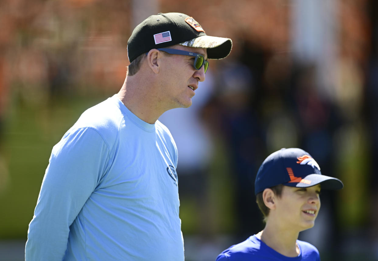 Cherry Creek Bruins coach Peyton Manning and his son, Marshall, at Denver Broncos training camp in 2022. (Photo by Andy Cross/MediaNews Group/The Denver Post via Getty Images)