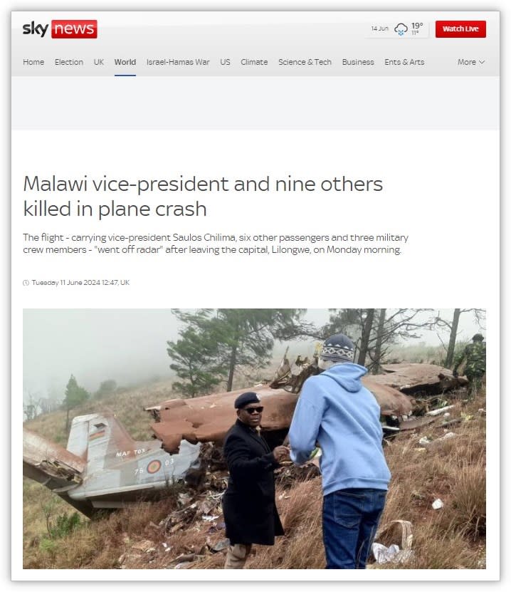 <span>Screenshot of a crash site photo on Sky News article published on June 11, 2024</span>